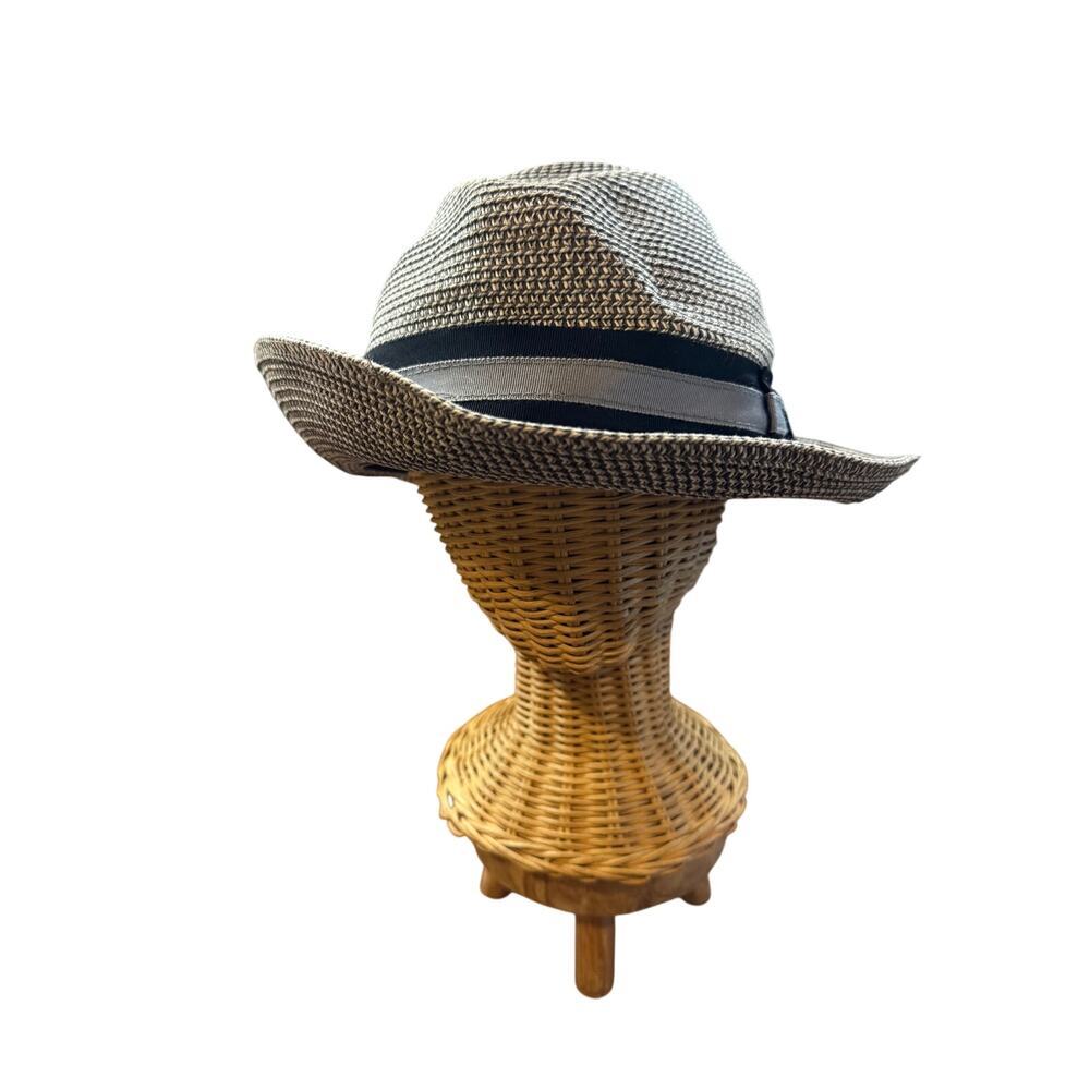 Nordstrom Woven Straw Fedora Hat Large XL Gray Tan Ribbon Bow Brim Sun Hat